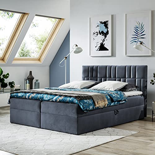 FURNISTAR Boxspringbett Doppelbett TEO - Bett mit Bonellmatratze, mit Bettkasten für Bettwäsche und Topper. Gepolsterte Kopfstütze in 3 verschiedenen Varianten (Anthrazit, 180x200 TEO 1)