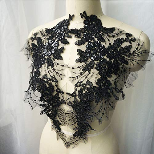 Yulakes 1 Pair Schwarze Pailletten Stickerei Ausschnitt Spitze Kragen Blume Quaste Brautkleid Applikationen Spitze Stoff Bestickte Borte Kragen Mesh Nähen Patch Für Kleid DIY Decor