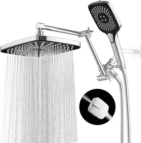 Soffione doccia a pioggia ampio con doccetta combinata e braccio di estensione, soffione doccia quadrato ad alta pressione da 30,5 cm, soffione doccia doppio con deviatore a 3 vie, altezza/angolo