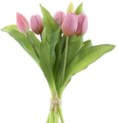 mucplants künstliche Tulpen Tulpenbündel mit 4 Tulpen und 3 Tulpenknospen real Touch (Mauve)