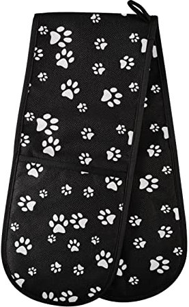 Double Oven Glove White Paw Print Decor Heat Resistant Double Ovens Mitt Modern Cooking Gloves Potholders