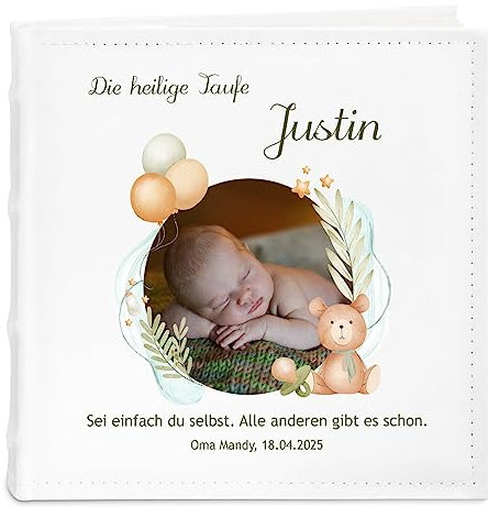 Maverton Einsteckalbum mit Aufdruck - Fotoalbum für 200 Fotos 10x15-50 Seiten - Größe: 21x22cm - Weiß - personalisierte Geschenke für Kind zur Taufe Geburt - Geburtstagsgeschenk