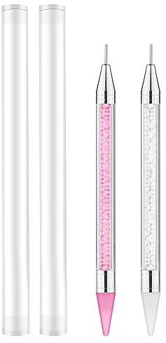 2pcs Rhinestone Picker Tool, Gem Applicator Pen Double-Ended Wax Pencil for Diamonds Wax Nail Jewel Picker Dotting Pen for Nail Design DIY (White, Pink)