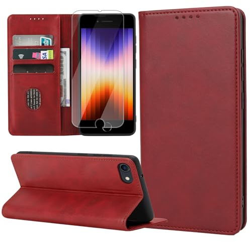 ZYIMOU Cover per iPhone SE 2022/ SE 2020/8/ 7, Custodia a Premium Pelle PU Portafoglio Flip Libro Libretto Caso [Protezione Completa] [Slot per Scheda] [Funzione di Supporto], Rosso
