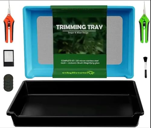 Mayaadi-Home Trimmschale mit Trockensieb | Trim-Bin Rechteck für Pollen und Kräuter | 2-in-1 Kräutersieb mit 150-Mikron- | 2 Trimmscheren und Bürste (blau)