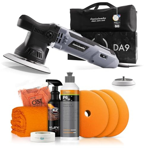 Poliermaschinen Set: chemicalworkz DA9 Exzenter Poliermaschine + Koch Chemie One-Step Politur + Royal Pads Polierpads + Zubehör - Auto Lack Politur, Kratzer entfernen, Aufbereitung | 8-teilig