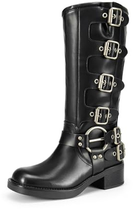 DREAM PAIRS Women's Knee High Riding Boots Side Zipper Motorcycle Boots Square Toe Chunky Heel Fashion Buckles Biker Boots,Size 8,Black,SDKB2416W