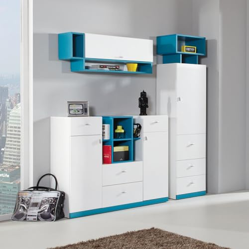 Lomadox Jugendzimmer Kinderzimmer -Set 3-teilig Schrank Regal Kommode modern weiß mit türkis