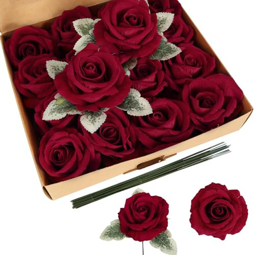 IPOPU 16pcs Red Velvet Roses Artificial Flowers 3.93 Large Fake Rose with Stems Real Touch Silk Flowers Bulk for DIY Wedding Bouquet Home Party Garden Decorations (Red)
