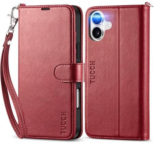 TUCCH Case for iPhone 16 Plus (6.7) 2024, Magnetic PU Leather Wallet Case with Wrist Strap, RFID Blocking, Credit Card Holders, Shockproof TPU, Protective Stand Folding Flip Folio Cover, Dark Red