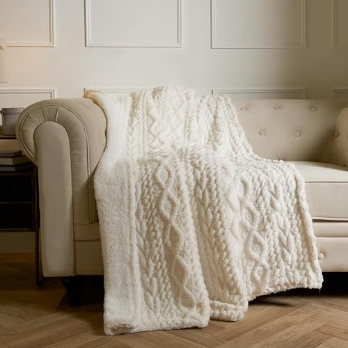 OHS Knitted Sherpa Blanket, Cable Knit Throws for Sofa Ultra Soft Teddy Fleece Warm Blanket for Bed Winter Thermal Blanket Living Room Bedroom - Cream, 130 x 160cm