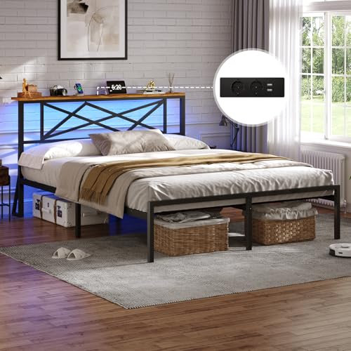 DICTAC Bett 120x200cm mit LED Beleuchtung, Bettgestell 120x200cm mit Steckdose und USB-Ladefunktion, Metallbett mit Holzkopfteil Stauraum, Bettrahmen mit Stauraum unter dem Bett, Höche 32