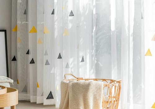 BCughia Tende velate lunghe 160 cm, set di 2 pannelli, motivo triangolare, con occhielli, tende per finestre per soggiorno e camera da letto, 132 x 160 cm (larghezza x lunghezza), colore: bianco,