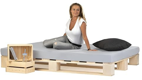 Lermowood Palettenbett M1 aus Holz 220 x 200 cm Natur mit Lattenrost Holzbett 20cm Stabiles Seniorenbett Kinderbett Jugendbett Gästebett erhöhtes Einzelbett Bettgestell Futonbett Komforthöhe Naturholz