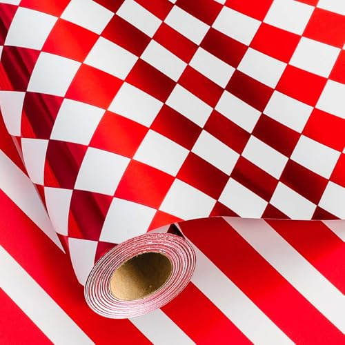 HOMERAL Karierte Geschenkpapierrolle – Rote Metallic-Folie Diamant & Streifen, wendbares klassisches Muster, Geschenkpapier für Geburtstag, Muttertag, Vatertag, Hochzeit, Weihnachten, Jahrestag