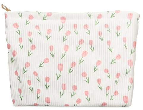 BETESSIN Kosmetiktasche Damen Weiß mit Tulpenmuster – Kulturtasche Cord 26x18x5cm – Make up Tasche mit Reißverschluss – Schminktasche & Reise Kulturbeutel für Frauen & Mädchen