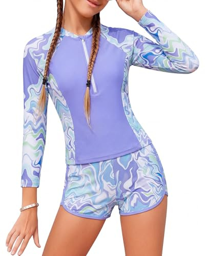 DivingBirds Badeanzug Mädchen mit Soft-Pads Kinder Langarm Schwimmanzug Mädchen Teenager Schwimmshirt UV Badebekleidung 7-13 Jahre