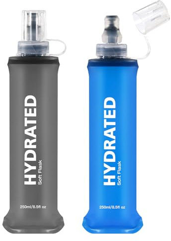 WEMEET Faltbare Trinkflasche mit Volumenskala Set von 2, BPA-frei, Kollabierbare Wasserflasche TPU Soft Flask 250 ml, TPU Soft Flask mit Beißventil, Sportflasche für Joggen, Wandern, Klettern, Camping