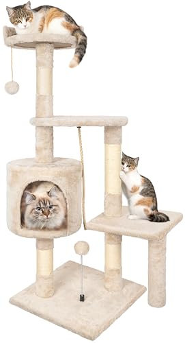 Rascador para Gatos,Árbol Rascador para Gatos de 112 cm y múltiples Niveles Estable con 4 Postes de sisal,3 Plataformas,1 Cama,Torre Gatos para Jueguen y Descansen-Beige