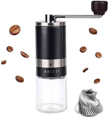 BRAVECOW Tragbare kaffeemühle manuell,Kegelmahlwerk aus Edelstahl kaffee mühle mit 6 einstellbaren Stufen, Kaffeemühle mit 25g Kapazität,für Espresso,Camping,Reise,Büro (1, Schwarz)