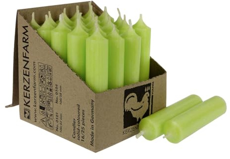 Stabkerzen Pastellgrün - 25 Stück 100 x 22 mm durchgefärbt - Spitzkerzen aus Deutschland - Kerzenfarm Hahn - lange Brenndauer (5+ Stunden) Unparfümierte und RAL-Zertifizierte Tischkerzen
