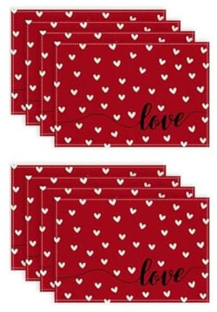 Pqahffowr Valentine'S Day Placemats Heart Seasonal Burlap Red Indoor Kitchen Table Mat for Home Parties 8 PCS
