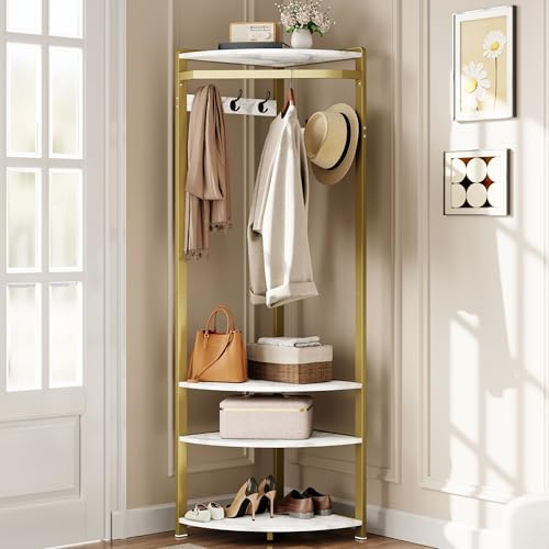 JOLLYTOP Garderobe, Eckgarderobe Mit 4 Ablagefächern, Kleiderständer | Mit 6 Haken, Garderobenständer Mit Holz- Und Metallrahmen, Kleiderstange, Für Schlafzimmer, Wohnzimmer, Flur, Gold und Weiß