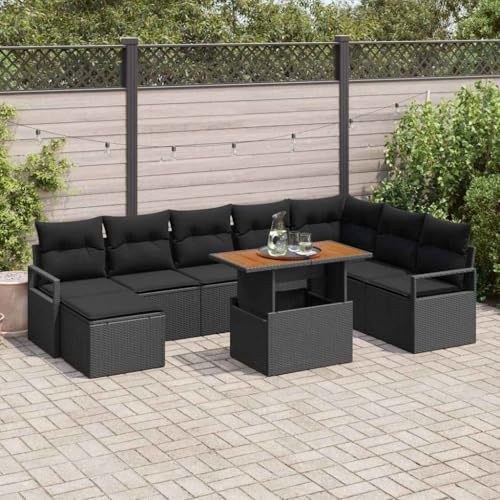 kithwjll Garten-Sofa-Set Schwarz aus wetterfestem Poly Rattan mit Stauraum 9-teilig modular für Garten Terrasse und Balkon, Komfortables Outdoor Lounge Sofa für 7 Personen