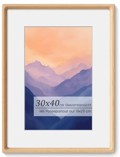 KovaScape Bilderrahmen 30x40cm aus Massivholz Eiche, Hochtransparentes Temperglas, Handgefertigter Ecken Fotorahmen mit Passepartout für 19x29cm, Modern, Deko für Wohnzimmer & Büro, Wandmontage