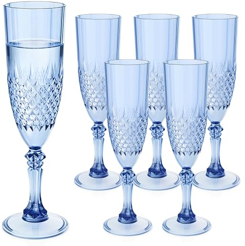 XYUNE 6 Pcs Plastic Champagne Flutes, 200ml Blue Champagne Glasses, Reusable Unbreakable Shatterproof Stemware, Wine Goblets for Mimosa Prosecco Wedding Toasting Bachelorette Party Holidays