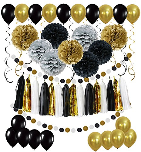 ZERODECO Partei Dekorationen, Pompoms Blumen Spiral Girlanden Quasten Girlande Polka Dot Papier Girlande und Luftballon für Geburtstag Parteien Hauptdekorationen-Schwarz, Gold und Silber
