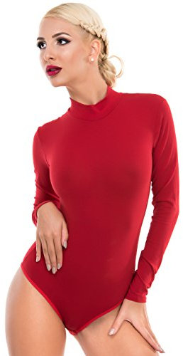 Evoni Damen Body langarm I blickdichter Bodysuit mit Halbkragen für Frauen I Langarmbody aus Baumwolle I Women Body Shaper I Jumpsuit L Rot