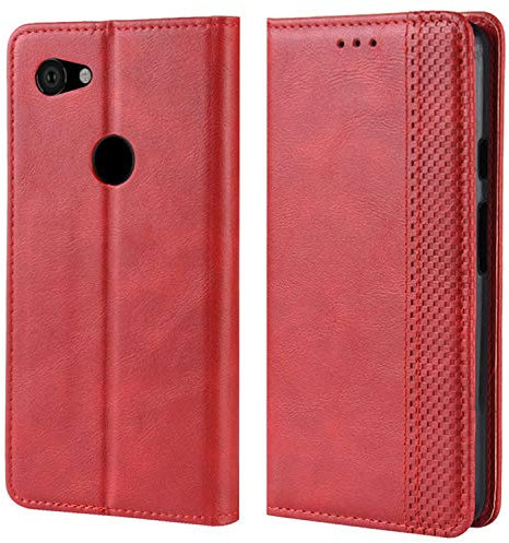 HualuBro Coque Google Pixel 3a, Etui Housse à Rabat en Retro PU Cuir Flip Leather Case Cover Antichoc Portefeuille Protection Stand Coque pour Google Pixel 3a 2019 (Rouge)