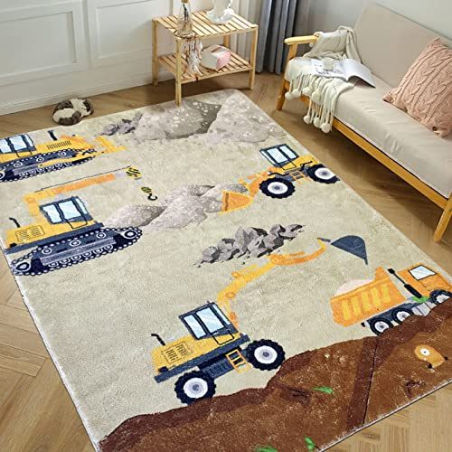USTIDE Kinderteppich Bagger aus Kunstwolle 5'x7’ gelb