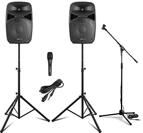 Vonyx VPS122 12 Active Speaker Kit with Stands & Microphone Set – Bluetooth Powered Speaker Package with Built-in Mixer & Equalizer for Karaoke, Home Parties and Live Events