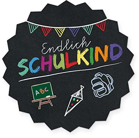 itenga 10x Sticker Einschulung Schulanfang Aufkleber Endlich Schulkind Tafel rund Gastgeschenk Geschenkverpackung (schwarz)