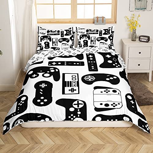 Loussiesd Kids Game Room Decor Bedding Double,Boys Man Gamer Duvet Cover,Child Gamepad Comforter Cover Girls Pixel Vintage Videogame Controller Design,Bedroom with 2 Pillow Shams Buttons,Black White
