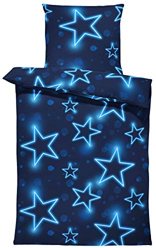 one-home Sterne Bettwäsche 155x220 cm Stern dunkel blau leuchtoptik Übergröße Microfaser