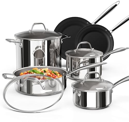 Ciwete Stainless Steel Pots and Pans Set 10 Piece, Kitchen Cookware Set with Nonstick Frying Pans and Glass Lids, Induction Cookware Set, Including 2 Saucepans, Sauté pan, 2 Frying Pans, Stock Pot