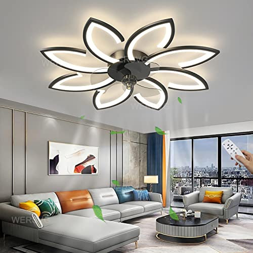 Ventilateurs de plafond avec lampe intégrée Silencieuse 90W Moderne LED Salon Plafonnier Dimmable 8 Flammes Conception en Forme de Fleur avec Télécommande pour Salle à Manger Chambre (Noir, 90cm)
