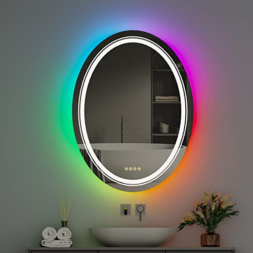 LUVODI Badspiegel Oval RGB Beleuchtung: Dimmbar LED RGB Spiegel mit Beleuchtung, 11 Lichtfarben Einstellbare, Entfogging Wandspiegel mit 4 Touchschalter Speicherfunktion Schminkspiegel 60x80 cm