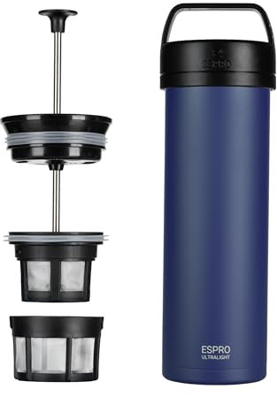 ESPRO – P0 Ultraleichte – Französische Kaffeepresse für Einzelportionen und leichte Trinkflasche für Reisen, Camping und den täglichen Gebrauch, Edelstahl, vakuumisoliert, 473 ml, Ägäisblau
