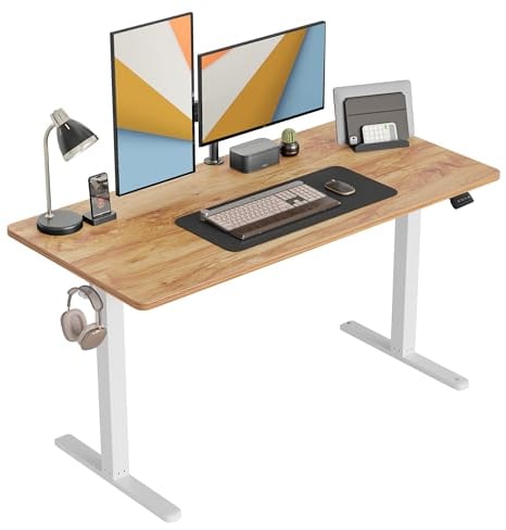 CUBICUBI Schreibtisch Höhenverstellbar Elektrisch, 152 x 60 cm Stehpult T-Beine aus Stahl mit Memory-Steuerung, Anti-kollisions System, Weiß Rahmen/Hellbraun Tischplatte
