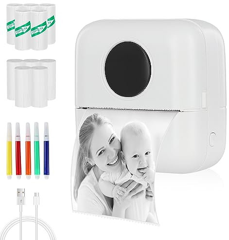 TOPEV Mini Thermal Printer,Bluetooth Labler Maker, Portable Printer Compatible with ios and Android, Comes 5 Roll Paper+5 Self-adhesive Colored Pens, Printable Photos QR Codes Notes (White)