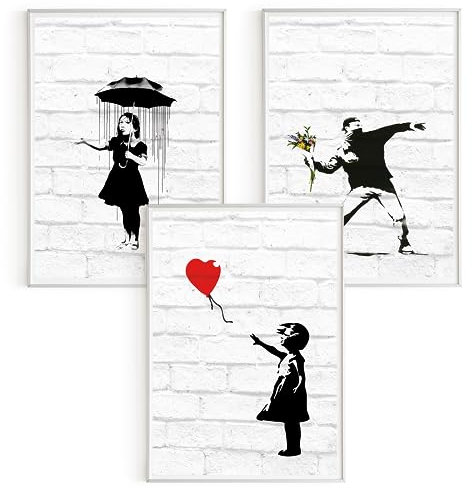 Bilder-Set: 3 x DIN A5 (15x21) Premium Posterpapier - Banksy, Mädchen im Regen; Mädchen mit Luftballon; Blumenwerfer vor Backsteinwand, Kunstdruck ohne Rahmen, Wandbild, Bilderwand - A4, A3, A2, A1..