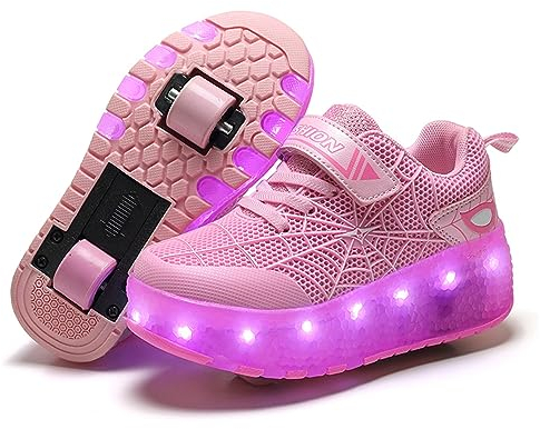 Sily Life Unisex Kinder LED Licht Skateboardschuhe mit Doppelrad Rollen,Drucktaste Einstellbare Skates,USB Wiederaufladbar, Outdoor Sport Gymnastik Running Sneaker