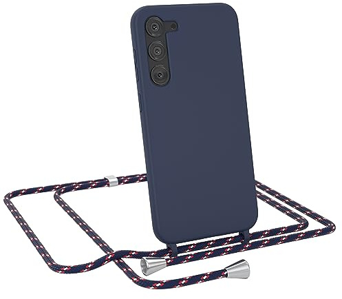 EAZY CASE - Hülle mit Kette - kompatibel mit Samsung Galaxy S23 Plus Schutzhülle Kordel zum Umhängen,Umhängen Necklace, TPU Silikon Case, Blau mit Band Navy Camouflage Verschluss Silber