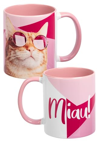 Katzen Tasse - Miau! - Katze Kaffeetasse Becher Kaffeebecher aus Keramik Rosa Weiß 320 ml