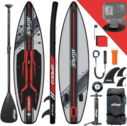 ALLPICK Premium SUP Board Set, Stand Up Paddling Board Aufblasbar, Mit Universal Kamerahalterung, Komplettes Zubehör, Verstellbares Paddel, Anfänger, Fortgeschrittene, 180kg (Modisch-Rot)