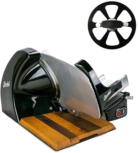 Berkel Aufschnittmaschine Home Line 250 in schwarz - Premium Schneidemaschine inkl. handgefertigtem Einlegebrett aus Fassholz + zusätzlich wichtigem Messerabnehmer - Sonderangebot, HL250